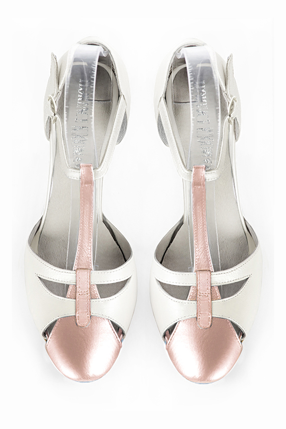 Powder pink and pure white women's T-strap open side shoes. Round toe. High slim heel. Top view - Florence KOOIJMAN